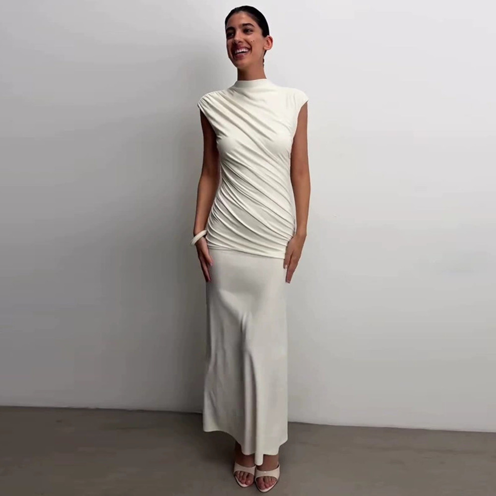 Forever 21 Women's Summer Backless Pleated Slim-Fit Elegant White Dress